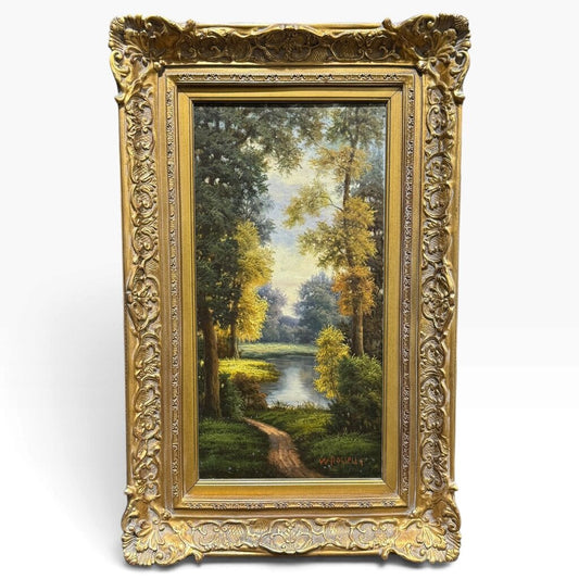 W. Rosselli Signed Original Oil on Canvas Woodland River Landscape 20Lx32H