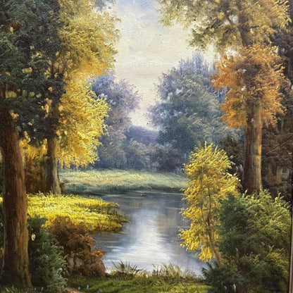 W. Rosselli Signed Original Oil on Canvas Woodland River Landscape 20Lx32H