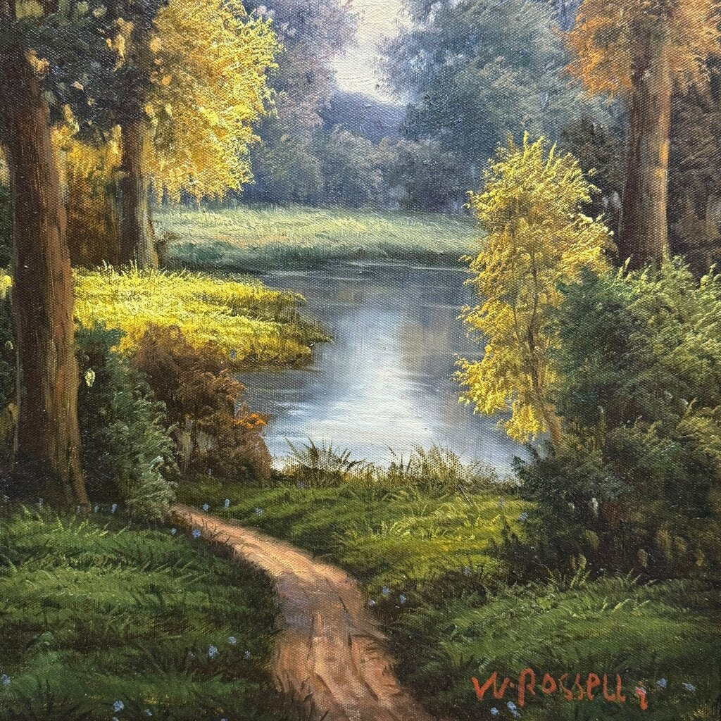 W. Rosselli Signed Original Oil on Canvas Woodland River Landscape 20Lx32H