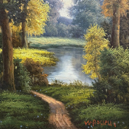W. Rosselli Signed Original Oil on Canvas Woodland River Landscape 20Lx32H