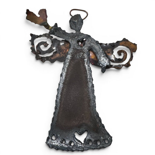 Vintage Brutalist Mixed Metal Angel Wall Sculpture 7Lx8H