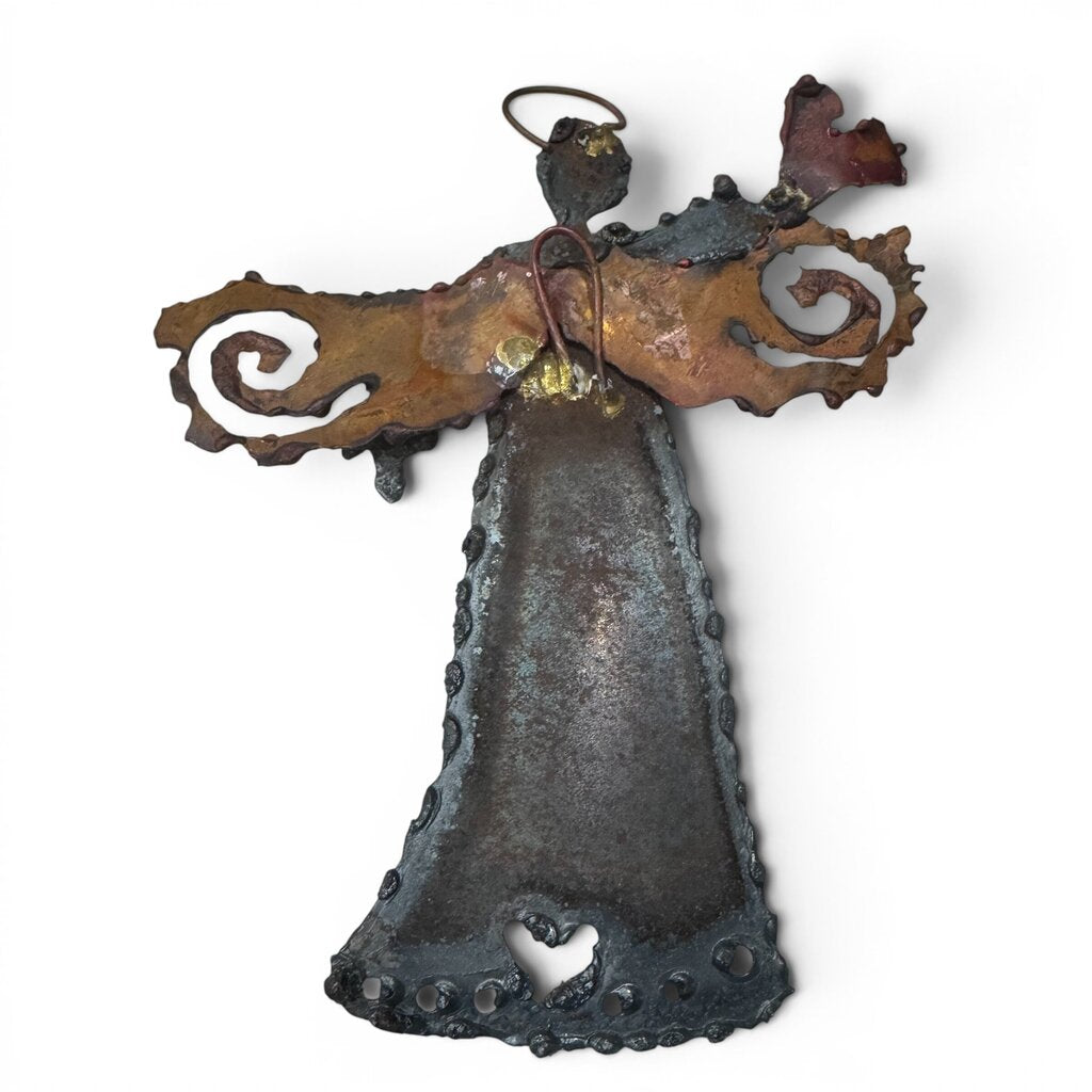 Vintage Brutalist Mixed Metal Angel Wall Sculpture 7Lx8H