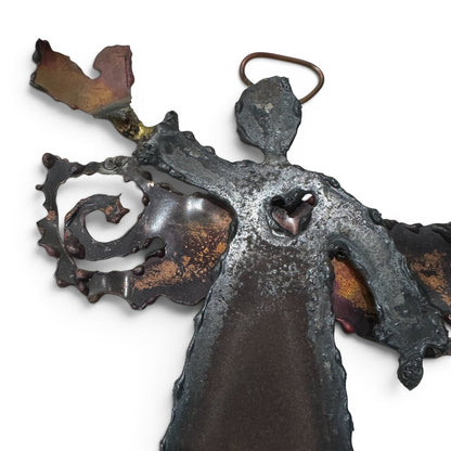 Vintage Brutalist Mixed Metal Angel Wall Sculpture 7Lx8H