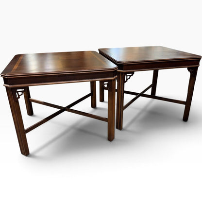 Pair Vintage Lane Burled Walnut Asian Modern End Tables 27Lx27Wx22H