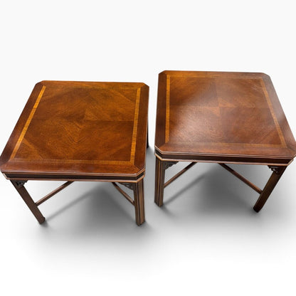 Pair Vintage Lane Burled Walnut Asian Modern End Tables 27Lx27Wx22H