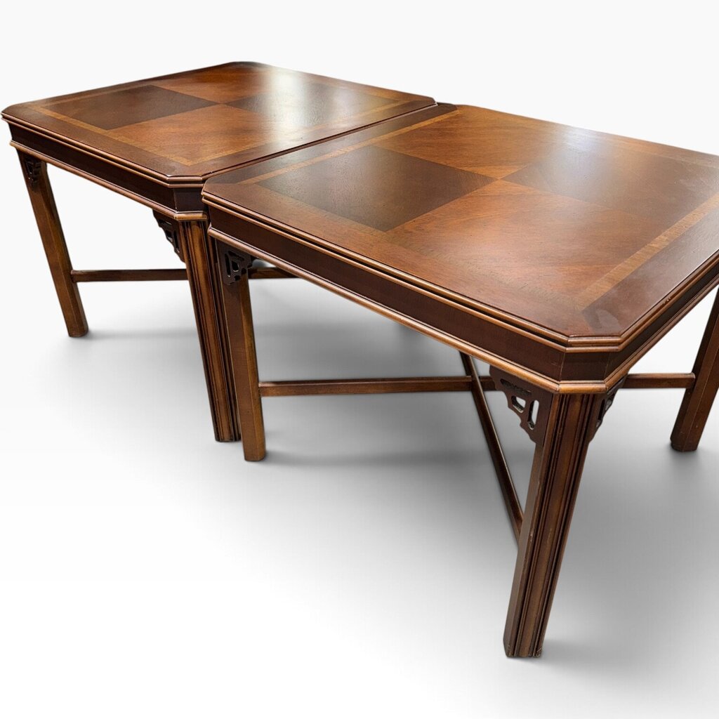 Pair Vintage Lane Burled Walnut Asian Modern End Tables 27Lx27Wx22H