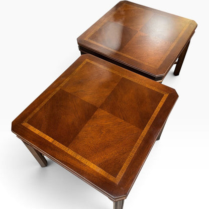 Pair Vintage Lane Burled Walnut Asian Modern End Tables 27Lx27Wx22H