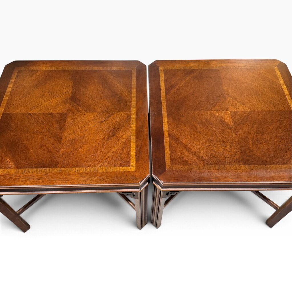 Pair Vintage Lane Burled Walnut Asian Modern End Tables 27Lx27Wx22H