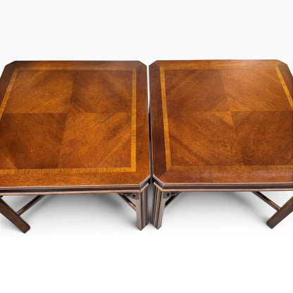 Pair Vintage Lane Burled Walnut Asian Modern End Tables 27Lx27Wx22H