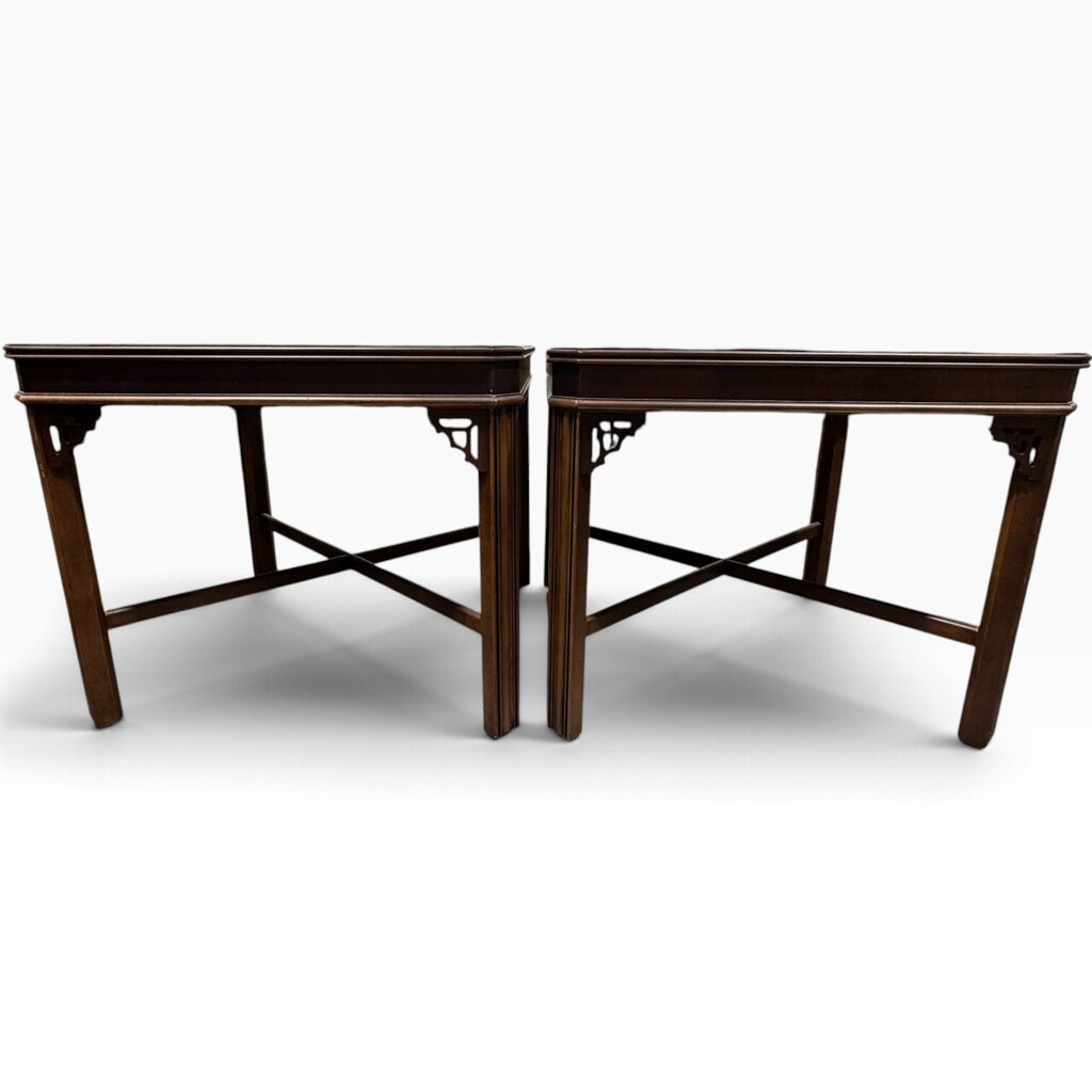 Pair Vintage Lane Burled Walnut Asian Modern End Tables 27Lx27Wx22H