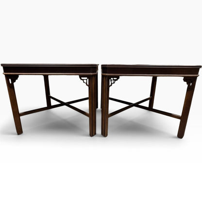 Pair Vintage Lane Burled Walnut Asian Modern End Tables 27Lx27Wx22H