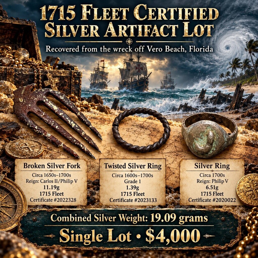 3 Pc Silver Sunken Treasure Artifacts from 1715 Spanish Fleet Ship Wrecks 2 Silver Rings & Silver Fork found in Vero Beach, FL