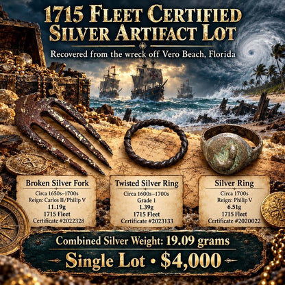 3 Pc Silver Sunken Treasure Artifacts from 1715 Spanish Fleet Ship Wrecks 2 Silver Rings & Silver Fork found in Vero Beach, FL