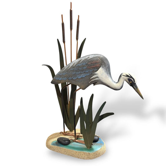Great Blue Heron Hand-Painted Metal & Wood Coastal Table Sculpture 13Lx6Wx19H