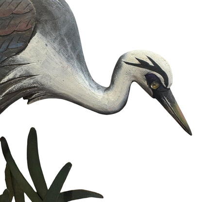Great Blue Heron Hand-Painted Metal & Wood Coastal Table Sculpture 13Lx6Wx19H