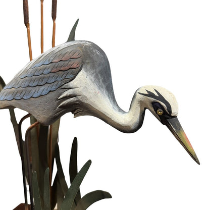 Great Blue Heron Hand-Painted Metal & Wood Coastal Table Sculpture 13Lx6Wx19H