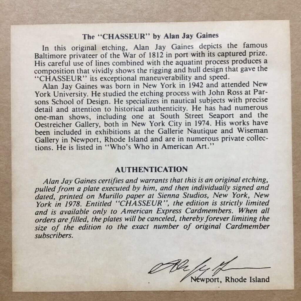 1979 Alan Jay Gaines Signed Etching "The Chasseur" matted and framed, 26" x 23"