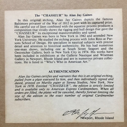 1979 Alan Jay Gaines Signed Etching "The Chasseur" matted and framed, 26" x 23"