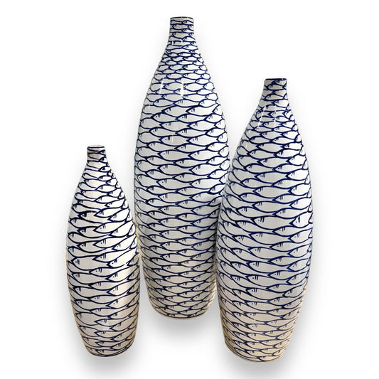 Blue & White Hand-painted Swimming Fish Vases 25", 21", 16" tall (set of 3)