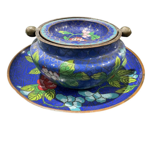 Antique Chinese Cloisonne Flip Top Ashtray w/Under plate 1950's 51/4"Dx2 1/4"H