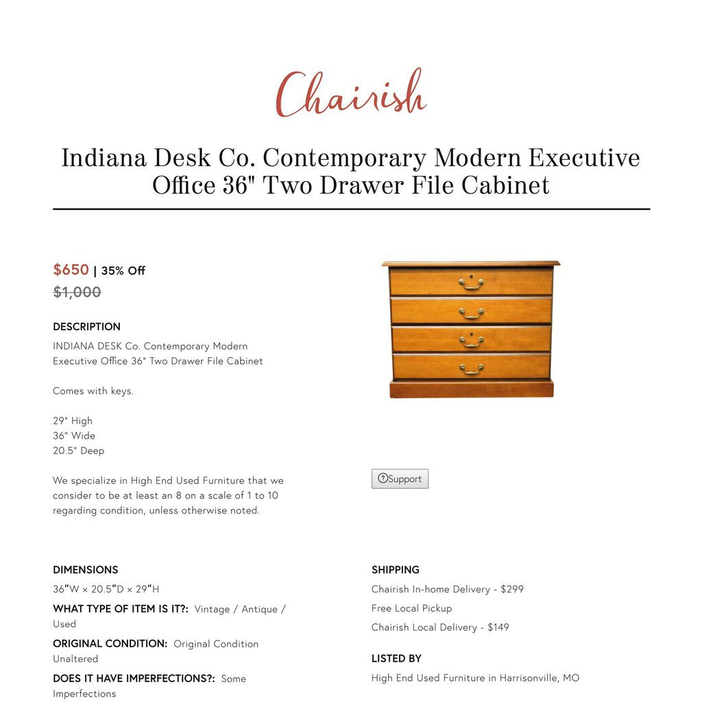 Indiana Desk Co Modern Contemp Executive Two Drawer File Cabinet 36Lx20.5Wx29H