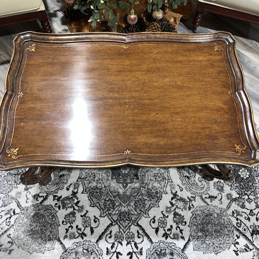 MAITLAND SMITH Italian Rococo Style Carved Walnut Coffee Table w/ Hand-Painted Gold Leaf 48Lx32Wx21H
