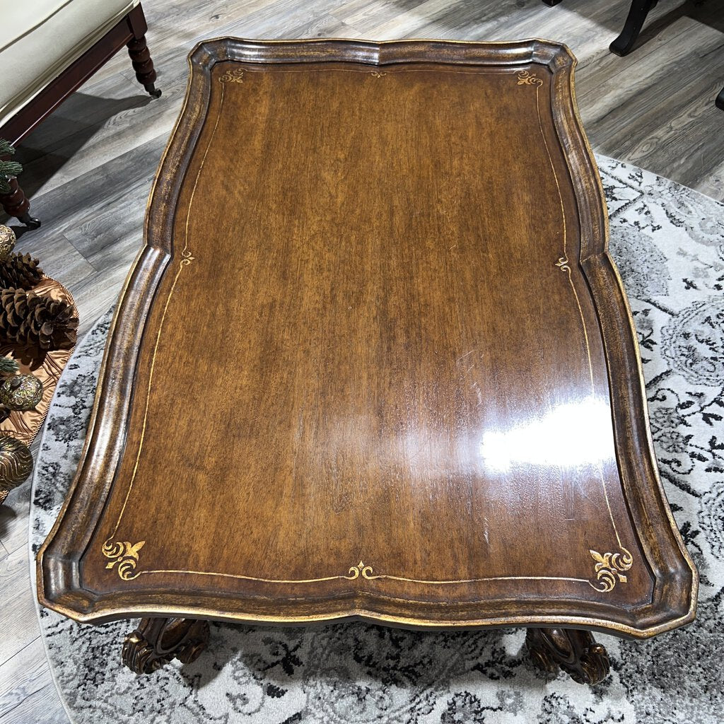 MAITLAND SMITH Italian Rococo Style Carved Walnut Coffee Table w/ Hand-Painted Gold Leaf 48Lx32Wx21H