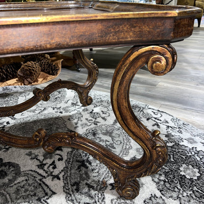 MAITLAND SMITH Italian Rococo Style Carved Walnut Coffee Table w/ Hand-Painted Gold Leaf 48Lx32Wx21H