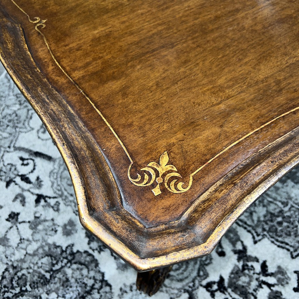 MAITLAND SMITH Italian Rococo Style Carved Walnut Coffee Table w/ Hand-Painted Gold Leaf 48Lx32Wx21H