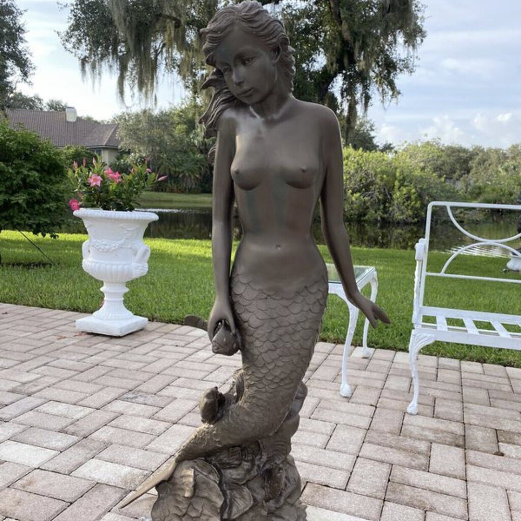 Bronze Mermaid Fish Fountain Statue Signed A. Moreau 16Lx12Wx41H