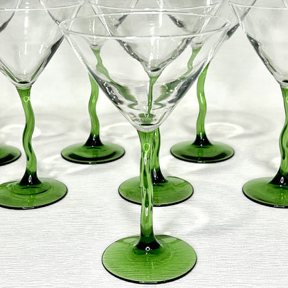 Vintage Libbey Courbe Martini Glasses w/ Green ZigZag Stems 7 5/8 tall (set of 8)