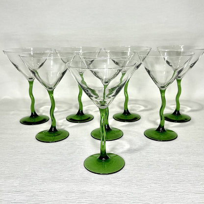 Vintage Libbey Courbe Martini Glasses w/ Green ZigZag Stems 7 5/8 tall (set of 8)