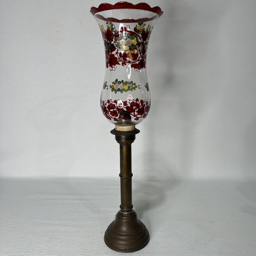 Antique Brass Spring-loaded Russian Candlestick Holder w/ Hand-Painted Globe 1830's 22"