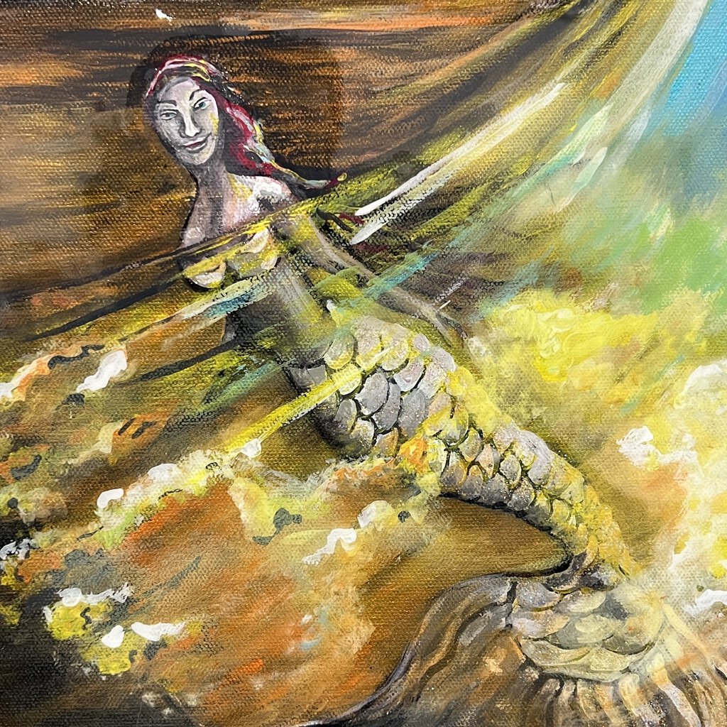 "Mermaid Wave" Embellished Acrylic & Resin on Canvas by Local Artist:Christina Mancuso 24"x24"