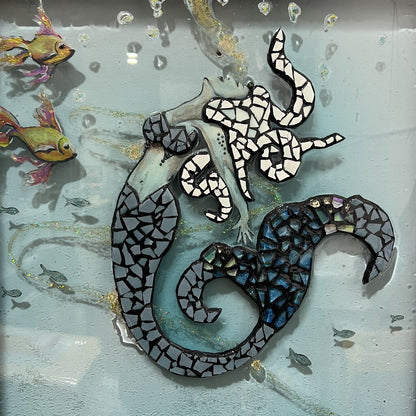 "Mermaid" Mosaic Porcelain & Glass Tiles, Metallic Acrylic, Epoxy. Resin on Glass by Local Artist: Christian Mancuso 24"x30"