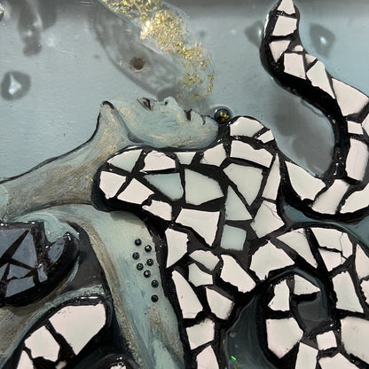 "Mermaid" Mosaic Porcelain & Glass Tiles, Metallic Acrylic, Epoxy. Resin on Glass by Local Artist: Christian Mancuso 24"x30"