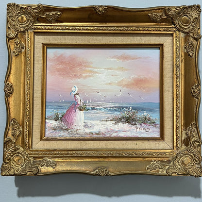 Impressionist Oil Painting of a Victorian Woman Walking by the Seaside Signed: P. Andrea 16x14