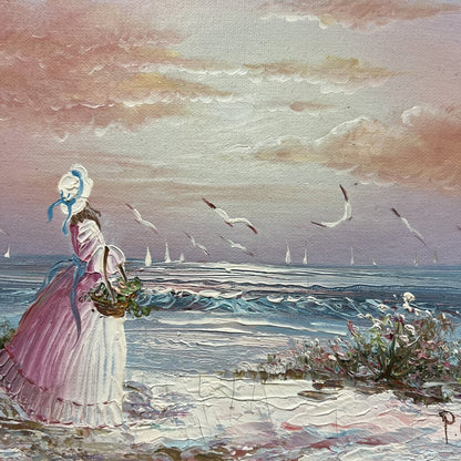 Impressionist Oil Painting of a Victorian Woman Walking by the Seaside Signed: P. Andrea 16x14