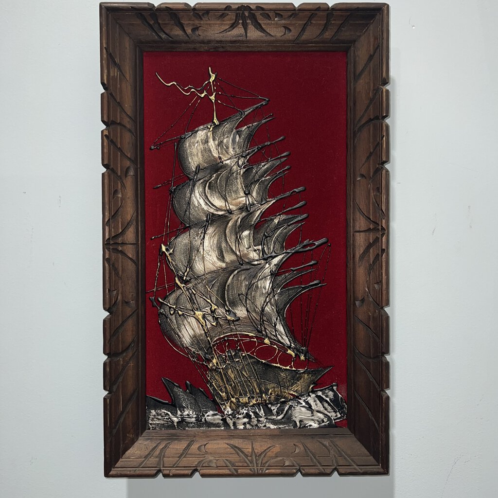Vintage Drip Paint Barque Three-Mast Ship on Red Velvet w/ Wood Frame 14x23