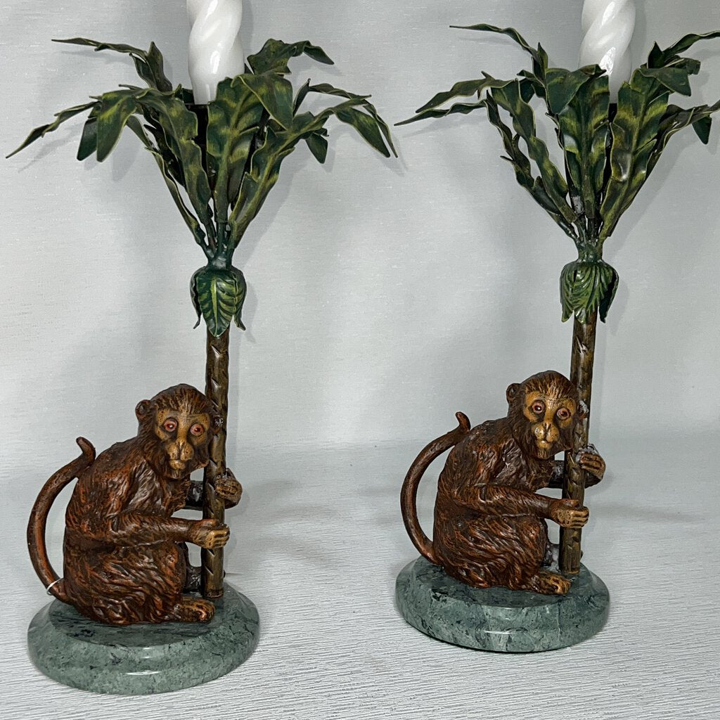 Vintage Petites Choses Cast Metal Marble Monkey & Palm Tree Candle Holders (Pair) Made in USA