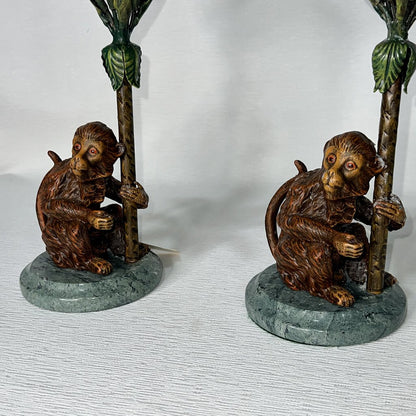 Vintage Petites Choses Cast Metal Marble Monkey & Palm Tree Candle Holders (Pair) Made in USA