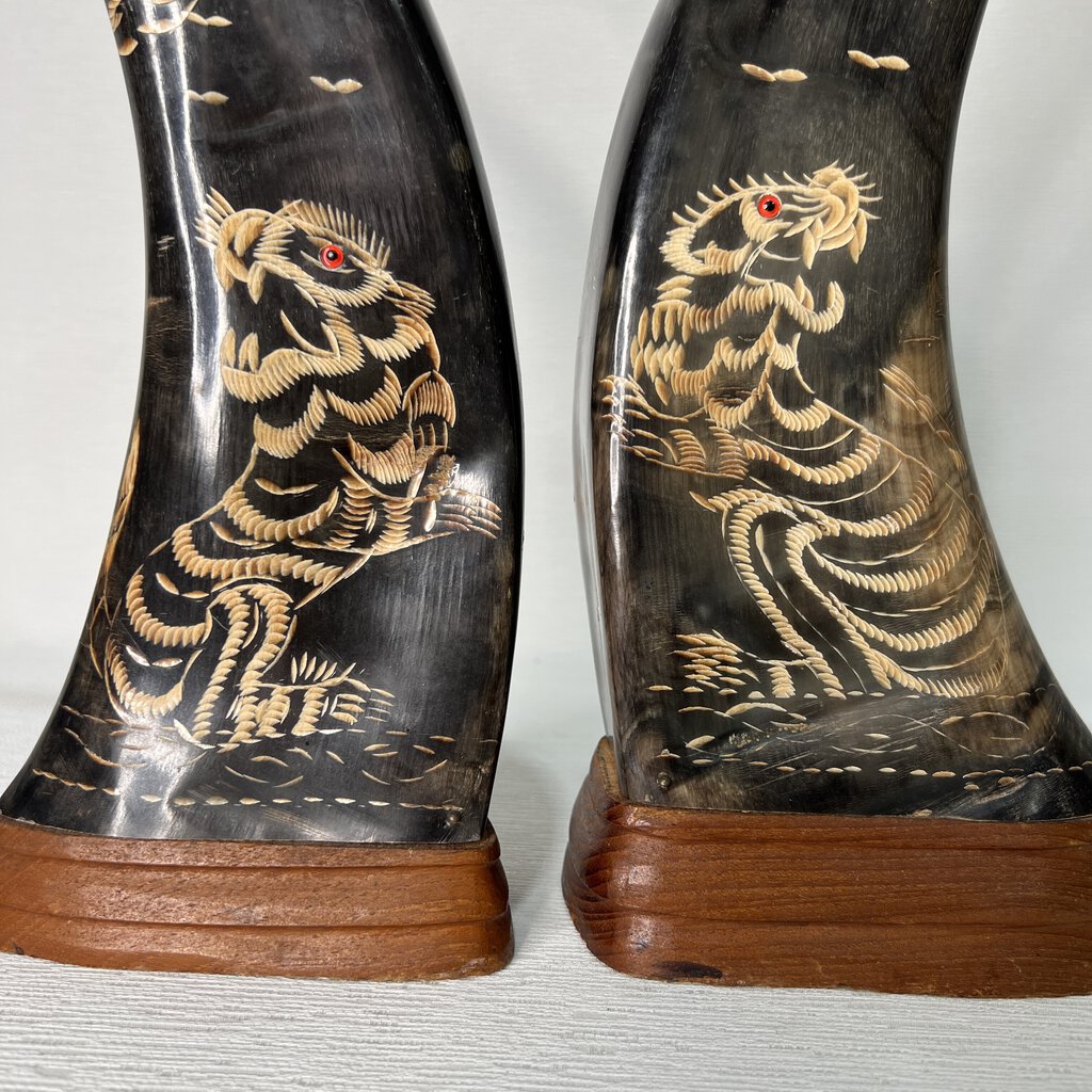 Pair of Vintage Carved Water Buffalo Horns w/ Wood Base --Tigers & Dragons, Feng Shui 16" tall