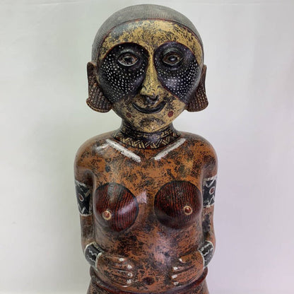 Mesoamerican Aztec Hand-painted Nude Female Kneeling Fertility Terracotta Statue 25 inches tall. Stunning & Heavy Piece. Old Piece, Repair on leg.