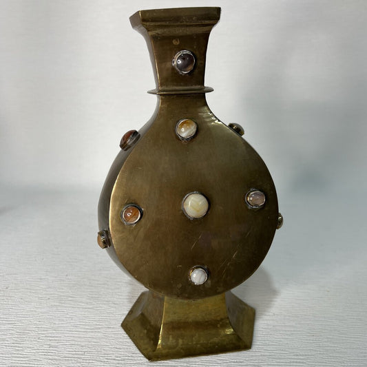 Vintage Brass Vase w/ Embellished Polished Gemstones 9" tall