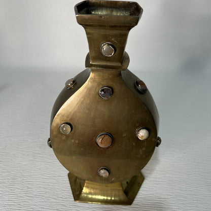 Vintage Brass Vase w/ Embellished Polished Gemstones 9" tall