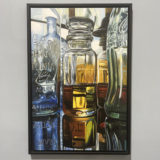 Ken Orton "Makers" Bottle Still Life Photorealistic Oil Painting on Canvas 2013 24x36