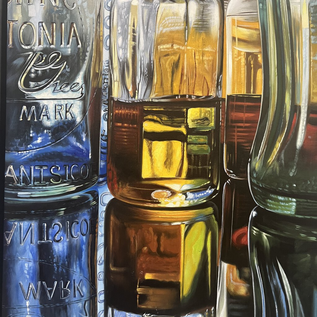 Ken Orton "Makers" Bottle Still Life Photorealistic Oil Painting on Canvas 2013 24x36