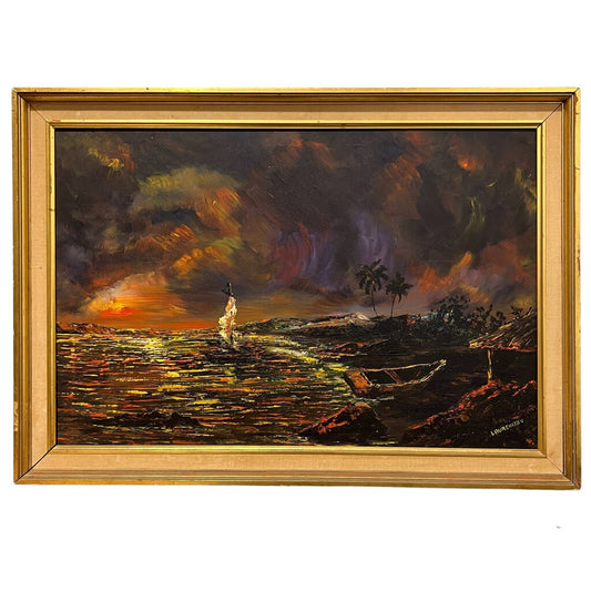 Vintage Haitian Seascape Oil Painting Signed by: Listed Artist Lyonel Laurenceau (1942-) 41Lx29H
