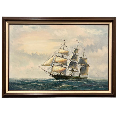 Vintage Three Mast Sailing Ship Oil Painting by: Ani Brose 41"x29"