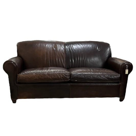 Crate & Barrel Genuine Leather Round Arm Sofa w/ Paneled Upholstered Backside 76" Long